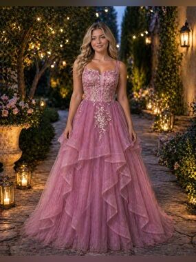 #205 Elegant Dusty Rose Tiered Tulle Ball Gown Dress-2X/18W - 20W